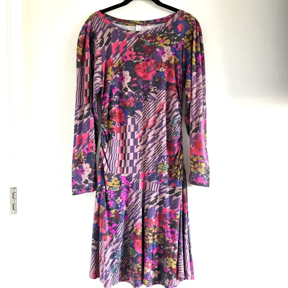 Anthropologie Daily Practice Ruched Mini Jersey Floral Print Long Sleeve Dress M - Picture 3 of 10